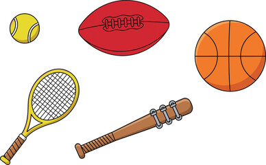 Sports equipment illustration set featuring tennis ball, football, basketball, racket and baseball bat icons for fitness, training, games, recreation and athletic design concepts