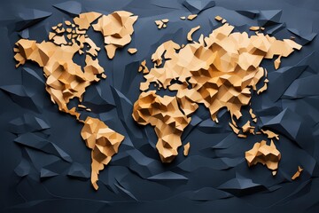 Abstract low poly world map made from paper cut continents on a dark background