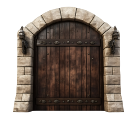 Large wooden dungeon door isolated on transparent background, PNG