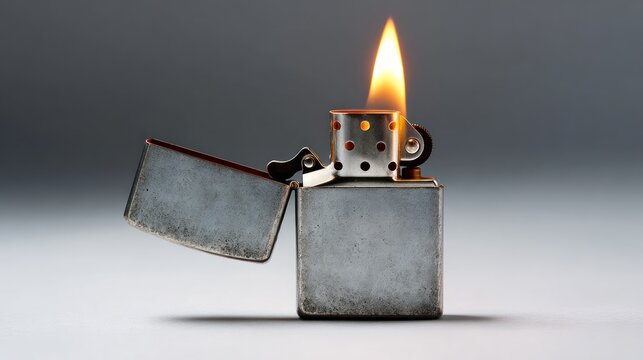 Metallic lighter with flame ignited against a simple gradated background