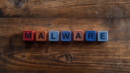 Malware on a wooden table highlighting digital security risks