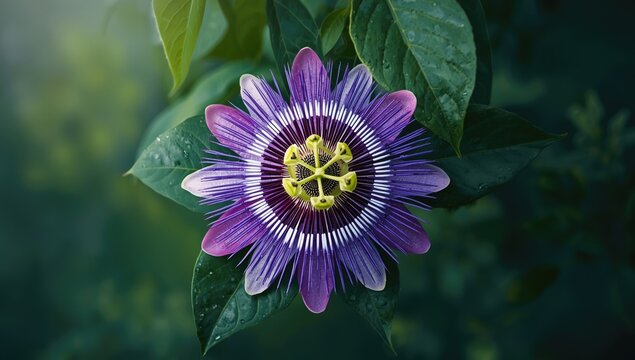Top-down view of purple passion flower and green foliage, used as a garden decoration or botanical specimen