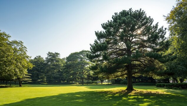 Summer scene with Himalayan cedar on a lush green lawn in a public landscape park, ideal for environmental or botanical layouts