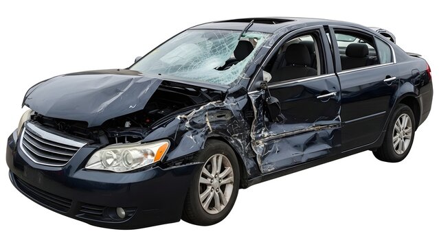 Damaged black sedan car with broken windshield and dented doors damaged car crashed vehicle