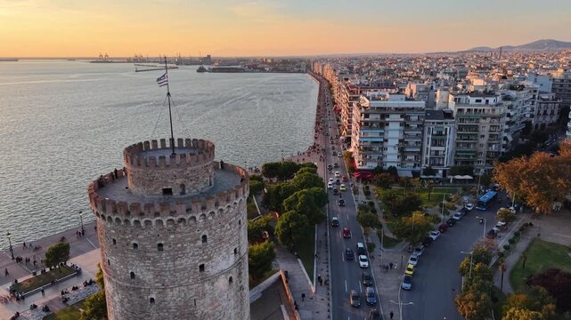 Aerial view of Thessaloniki's seafront and the White Tower late in the afternoon, Greece.