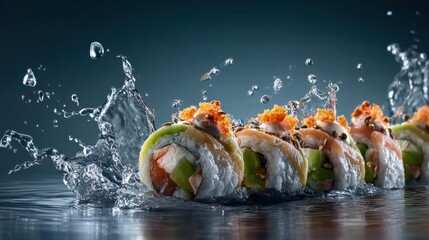 Sushi rolls with water splash