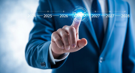 A businessman in a blue suit interacting with a futuristic timeline interface