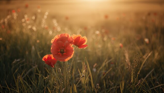 Poppy flowers arranged in a bouquet in the open field, natural floral harvesting
