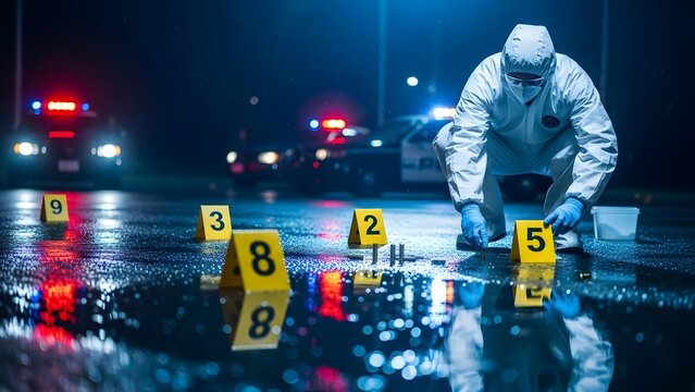 Forensic investigator at crime scene at night. Law enforcement and criminal justice. Person in hazmat suit placing evidence markers on wet pavement with police lights.