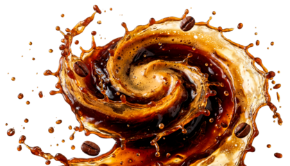 High-speed 3D liquid splash of coffee with floating roasted beans in a spiral vortex