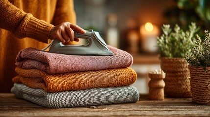 A person's hands delicately iron the top garment on a neat stack of folded, cozy knitted sweaters, illuminated by warm, inviting indoor lighting, emphasizing domestic tranquility and care.