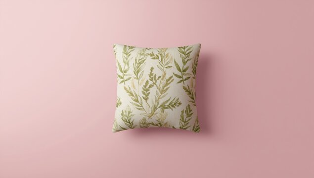 Fabric cushion with plant motif on pink backdrop, used as home decor element
