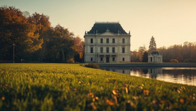 European castle in Pszczyna with autumn foliage, highlighting historic architecture and natural scenery