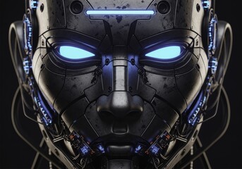 Fototapeta premium Striking close-up of a futuristic robot' face with vibrant glowing blue eyes, detailed distressed metal armor, and illuminated high-tech internal circuitry, portraying advanced artificial intelligence