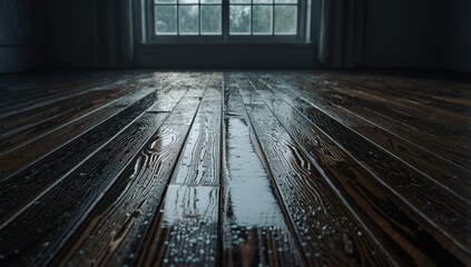 Rain-soaked dark wooden floorboards, highlighting moisture and weather impact, ideal for editorial header backgrounds