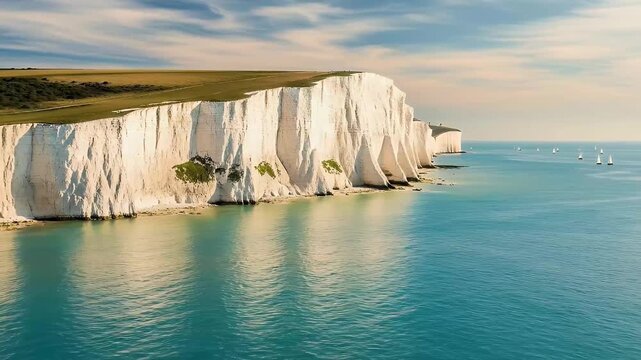 An expansive aerial shot captures a breathtaking natural landscape featuring towering white chalk cliffs dramatically meeting the vibrant blue-turquoise ocean. A lush green field stretches across the 