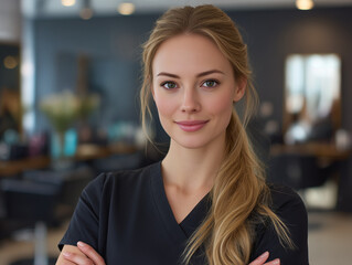 Obraz premium Professional woman hairstylist working in a beauty salon