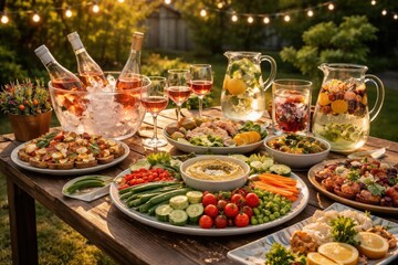 Fototapeta premium Backyard summer feast with healthy appetizers, chilled rose wine, and fresh cold drinks