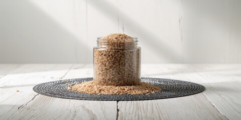 A jar of wild rice on a checkered place mat, suitable for kitchen storage, meal prep, and ingredient display