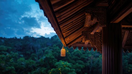 Wooden surface detail at a rooftop temple surrounded by dense forest greenery, highlighting traditional architecture and natural textures