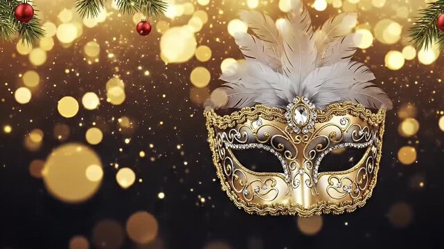 An exquisite golden masquerade mask, intricately adorned with delicate white feathers and sparkling jewels, takes center stage against an enchanting backdrop. Shimmering golden bokeh lights dance and 