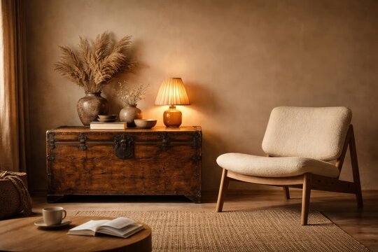 Warm Scandinavian interior with vintage chest and contemporary chair against beige textured wall
