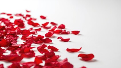 Detailed view of vibrant red rose petals on a plain white surface, ideal for wedding or romantic themes