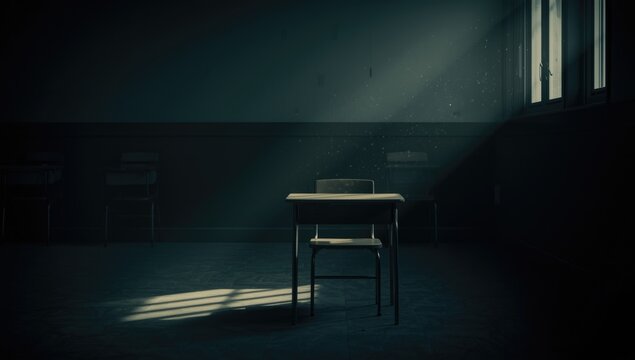 Dimly lit school environment illustrating isolation and peer conflict, focusing on emotional struggles among students