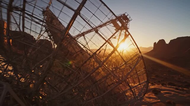 A rusted structure leans against the warm sunset landscape, highlighting the beauty of decay. The structure and sunset create a dramatic scene filled with contrast and color.