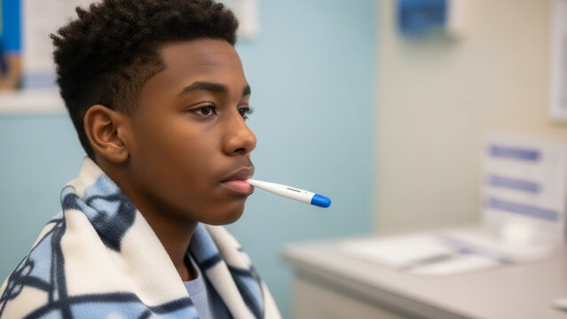 African-American teen with thermometer in mouth sitting in nurse's office, health check and illness assessment