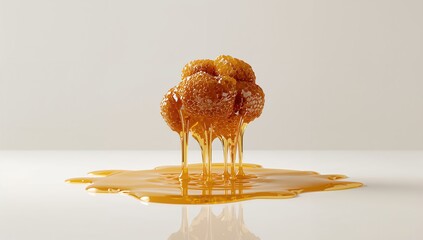 Design featuring floating honeycombs and a honey puddle on a white background, suitable for editorial header backgrounds