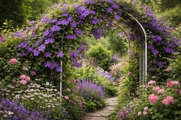 Obraz premium Summer garden lush with ornamental Clematis viticella flowering climb