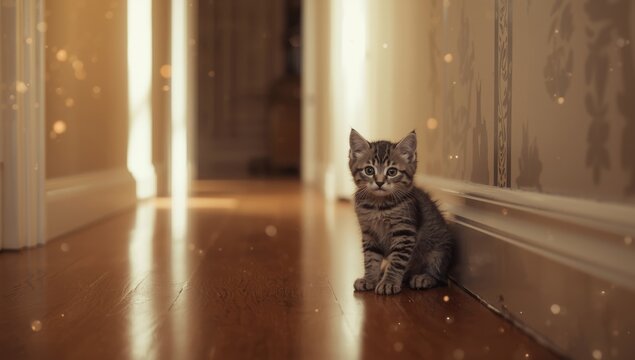 Young cat looking toward the lens in a corridor, highlighting natural behavior