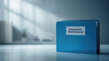Blue folder labeled preventive maintenance in an office storage setting emphasizing operational safety