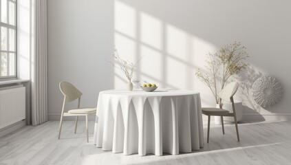 Round table set with white tablecloth and contemporary chairs designed for social gatherings, showcasing modern interior style