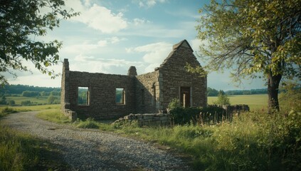 Obraz premium Abandoned farmhouse with stone walls used as a historical site for rural architecture