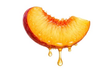 Peach fruit piece showing dripping juice on a simple white backdrop