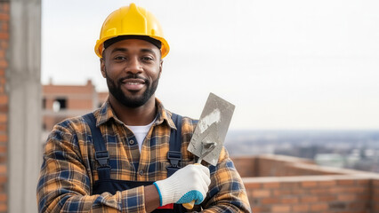 African-American male construction contractor holding plastering trowel on building site, construction work and reliability in urban development