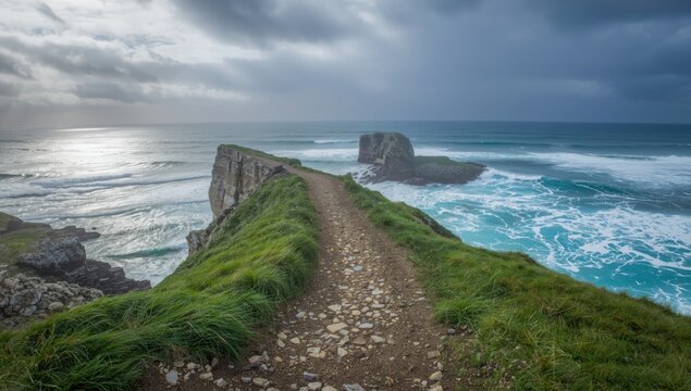 Sea waves crashing against rocks along a coastal trail in Cornwall, highlighting erosion and natural shoreline features