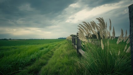 Feathery pampas grass swaying beside a wooden fence in a green landscape, highlighting natural textures for outdoor use, Earth Day