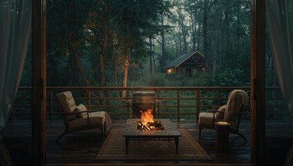 Naklejka premium Rainy day outdoor retreat on a deck, emphasizing leisure in wet conditions