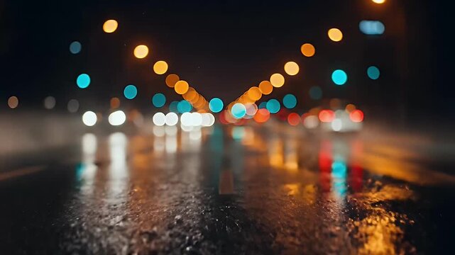 An immersive low-angle perspective captures the vibrant bokeh of city lights reflecting on a wet asphalt road at night. Blurred vehicles pass by, creating streaks of orange, blue, white, and red light