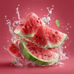 Watermelon slices splashing in water against a transparent background