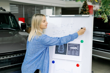 Saleswoman calculating discount percentage on whiteboard in car dealership