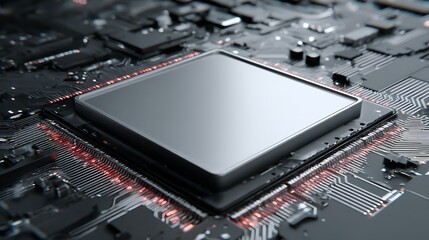 A close-up view of a central processing unit on a circuit board, with detailed components