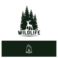 Fototapeta premium Wildlife Deer Forest Logo Design with Pine Trees Nature Emblem.