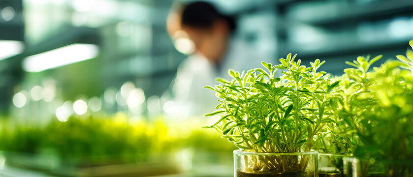 In a laboratory, green plants grow in containers as a scientist observes them under bright sunlight, focused on research and study of plant life - Powered by Adobe