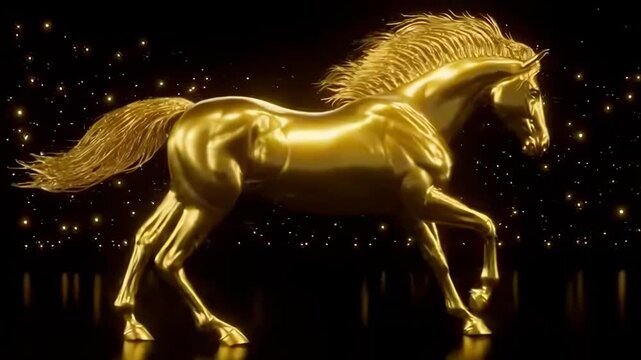 The image shows a golden horse in motion against a dark background with sparkling lights. The horse is stylized with smooth, reflective surfaces, and appears to be running.