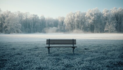 Wooden park bench with snow resting on its surface during winter season