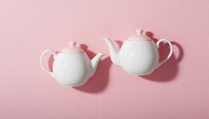 Pair of white porcelain teapots with pink lids placed on a pink surface, serving as a layout backdrop for health and wellness themes in Breast Cancer Awareness Month